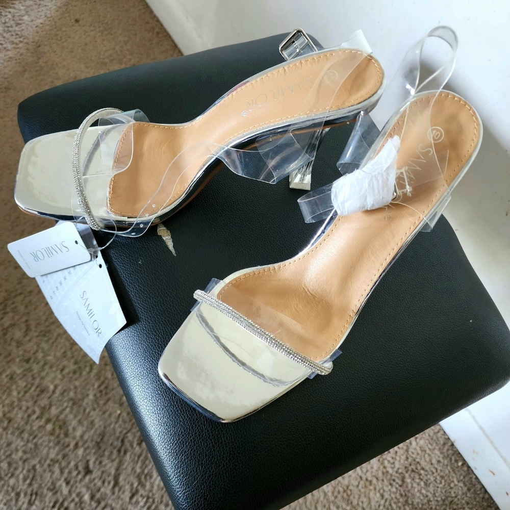 NWT SAMILOR Women’s Silver Clear Stiletto Heel Sparkle Slingback Sandals
